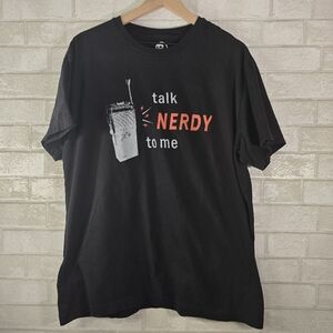 Radio Shack Men's T Shirt Size L Black Talk Nerdy To Me Hand Held Short Sleeve